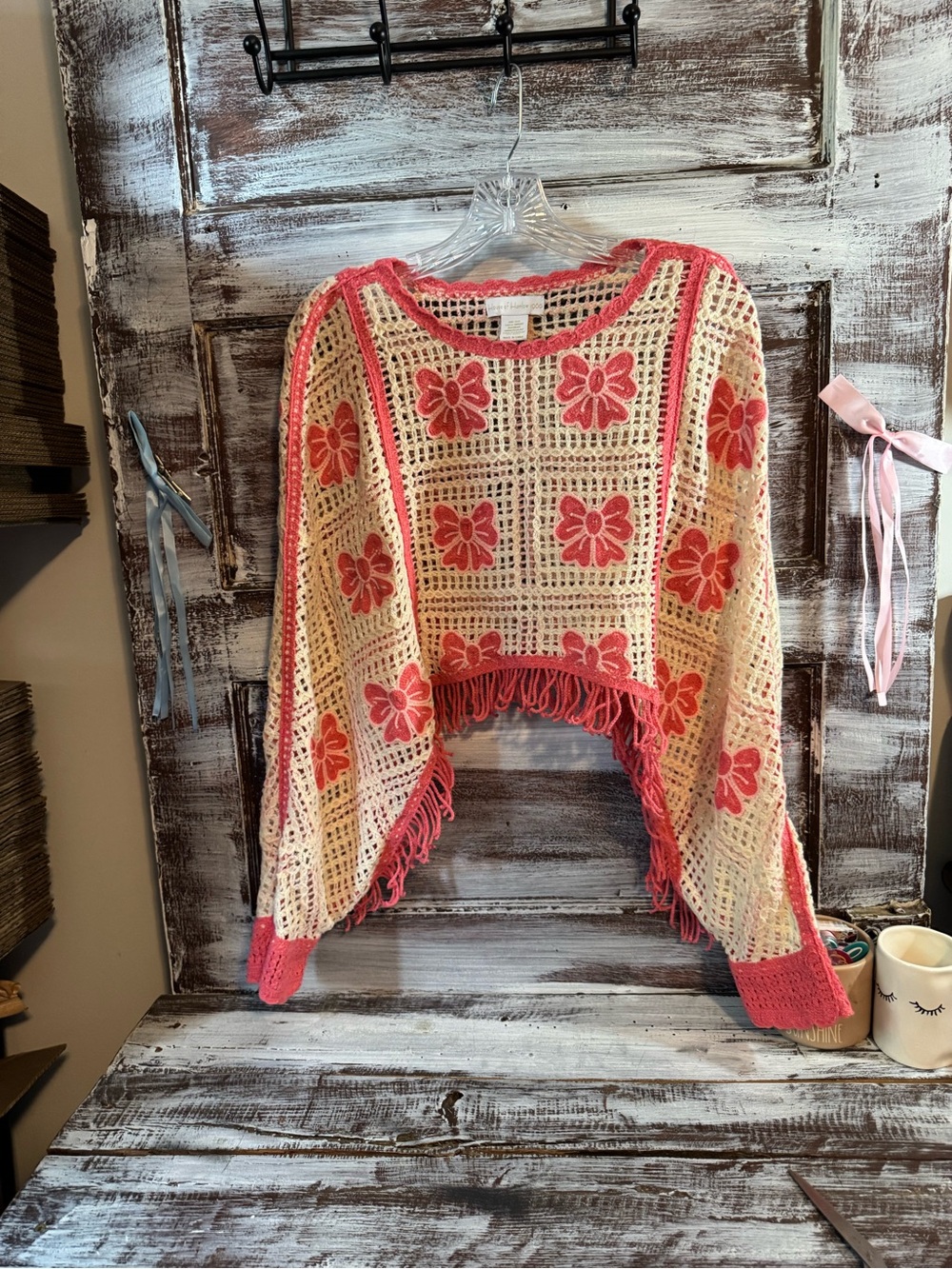 House of Harlow 1960 Cream Open-Knit Poncho Sweater with Coral Floral
